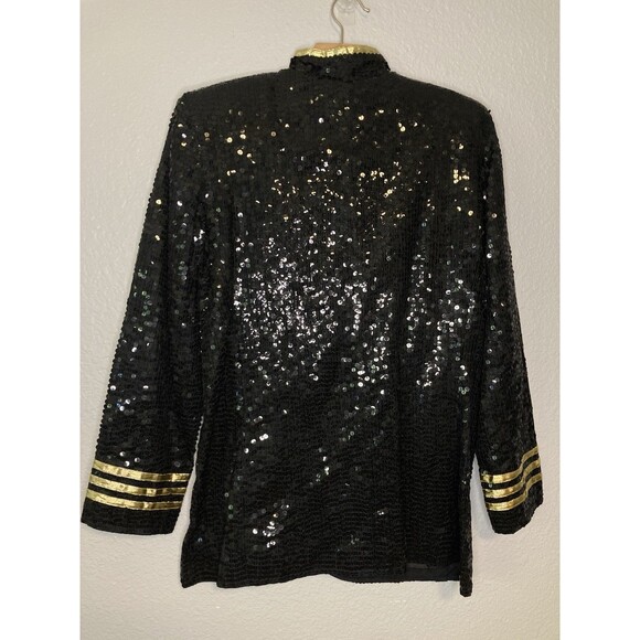Sandy Starkman Black Sequin Blazer Jacket M Gold Stripe Nautical Cruise Vintage - Picture 6 of 8